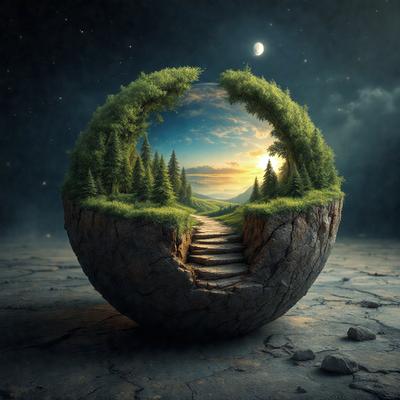 Primary subject: A large, round, stone ball with a hole in the middle, surrounded by a lush green landscape.

Setting/background: The landscape consists of a forest with trees, a path, and a mountain in the distance. The sky is visible above the scene.

Visual style: The image is a digital artwork, featuring a realistic and detailed representation of the stone ball and its surroundings.

Colors and mood: The colors in the image are predominantly green, representing the l